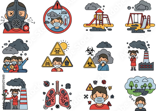 Environmental Pollution Iconography Collection Depicting Smog, Respiratory Illness, and Industrial Impact