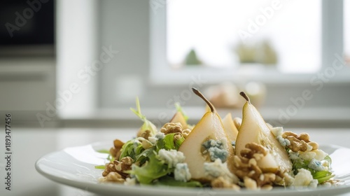 Fresh Pear Salad with Blue Cheese and Walnuts. Generative AI