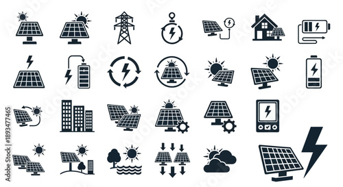 Collection of renewable energy icons representing solar power and sustainable technology in a modern vector illustration, premium file (140).eps