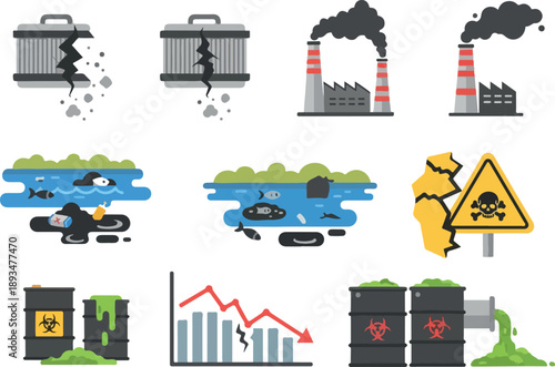Environmental pollution icons and symbols depicting industrial waste, water contamination, and air pollution