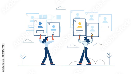 Two colleagues adjusting large profile pages with user data in a modern office setting with a minimalist background