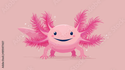 A smiling cartoon axolotl with pink feathery gills on a pastel background.