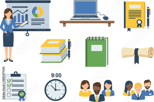 Collection of educational icons featuring a teacher presenting, books, a diploma, a checklist, a clock, and people in a meeting, symbolizing learning and business achievements