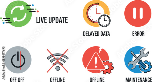 Set of icons illustrating technical issues and system status updates for digital platforms
