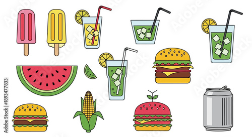 Refreshing summer food and drink illustrations, premium file (146).eps, featuring burgers, popsicles, and watermelon slices against a clean backdrop from a straightforward viewpoint.
