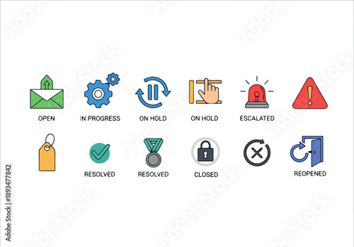 Set of task status icons including open, in progress, on hold, escalated, resolved, closed, and reopened