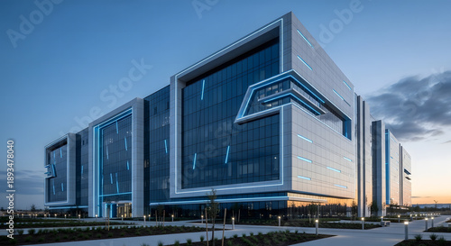 Ultra-modern futuristic office building with sleek glass façade and sharp angular metallic structures, illuminated LED light lines integrated into the architecture