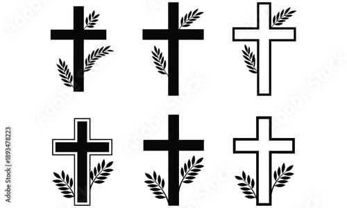 Christian cross and palm leaf symbol set for Palm Sunday and Easter
