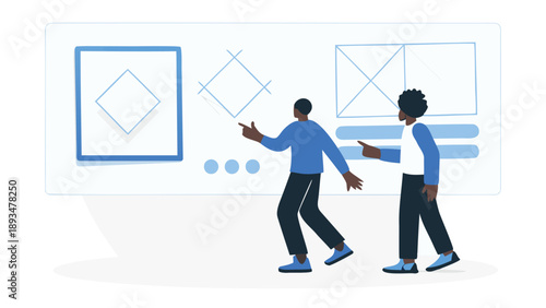 Two team members analyzing data on a large screen with blue graphics and diagrams in a modern office setting