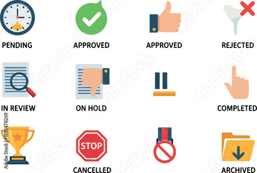 Collection of icons representing status updates in a workflow, including pending, approved, rejected, and completed tasks