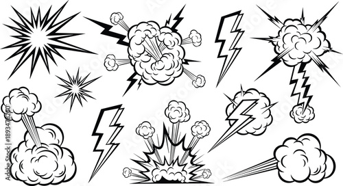 Black and white comic book style explosion and lightning bolt cloud