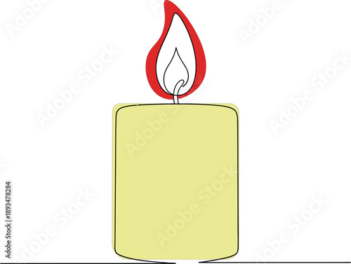 Simple and stylized drawing of a candle in light yellow or cream color with a lit wick and flame outlined in red. 