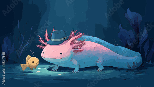 Whimsical axolotl wearing a hat with a small fish companion in a mystical underwater scene.