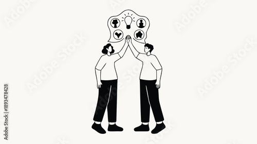 Two colleagues celebrating with a high five surrounded by business and partnership icons