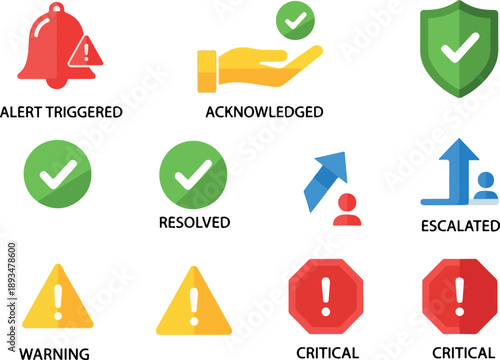 Set of notification icons for alert triggered, acknowledged, resolved, escalated, warning, and critical status updates