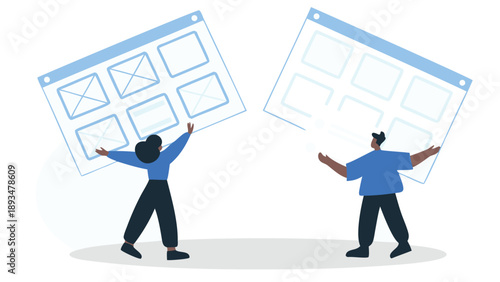 Two professionals presenting website wireframes in a modern office setting with blue shirts and black pants