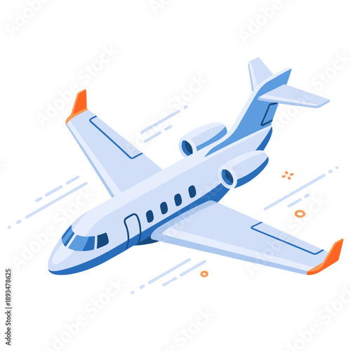 Isometric illustration of commercial jet airplane with orange accents in flight. No editable stroke
