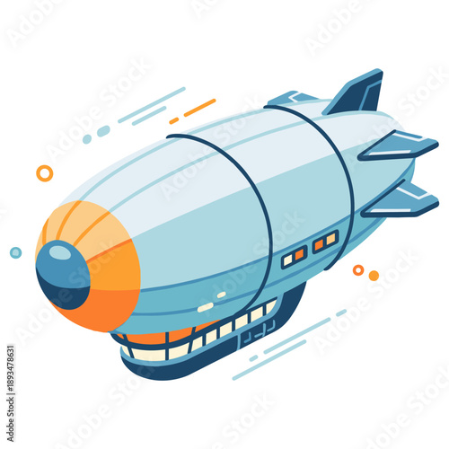 Cartoon-style airship in flight with geometric design and bright colors. No editable stroke