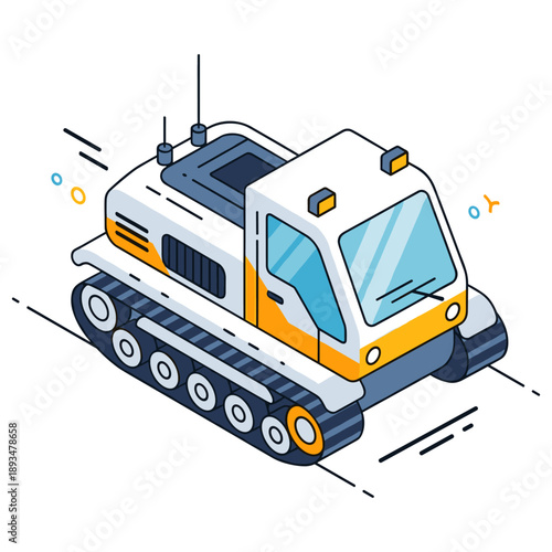 Cartoon futuristic snowplow vehicle with tracks and antennas on white background. No editable stroke