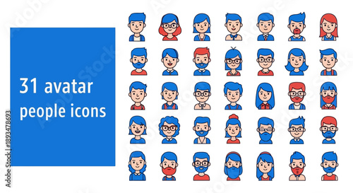 Collection of 31 diverse avatar people icons in various facial expressions and outfits displayed on a grid