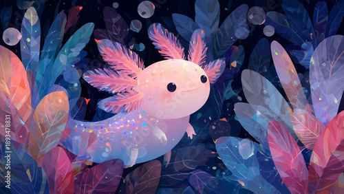 Vibrant Axolotl Swimming Amongst Colorful Leaves in Dark Waters.