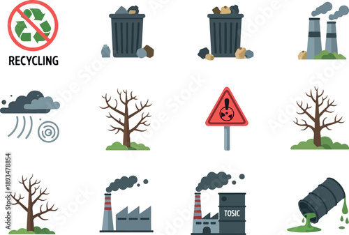 Environmental pollution and environmental protection icons showcasing pollution and recycling symbols