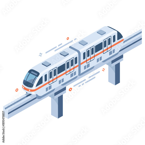 Modern isometric high-speed train on elevated track illustration. No editable stroke