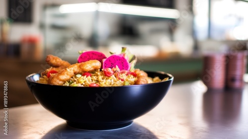 Wok Fried Rice with Chicken and Dragon Fruit. Generative AI