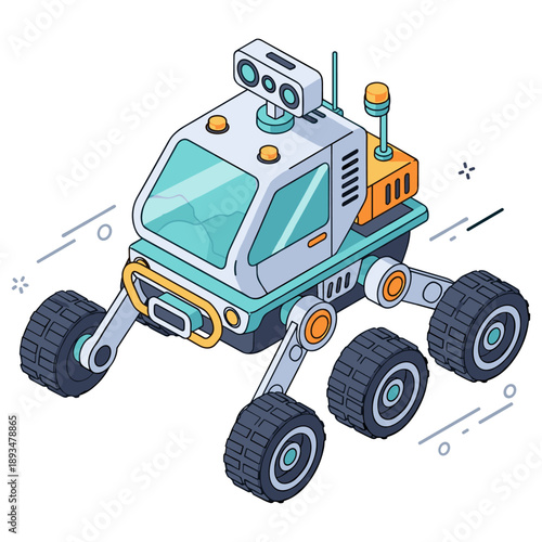 Futuristic illustration of a six-wheeled robotic rover for space exploration. No editable stroke