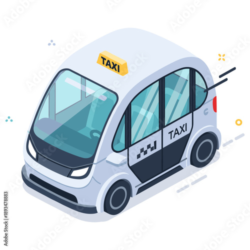 Futuristic autonomous taxi in isometric style on white background. No editable stroke