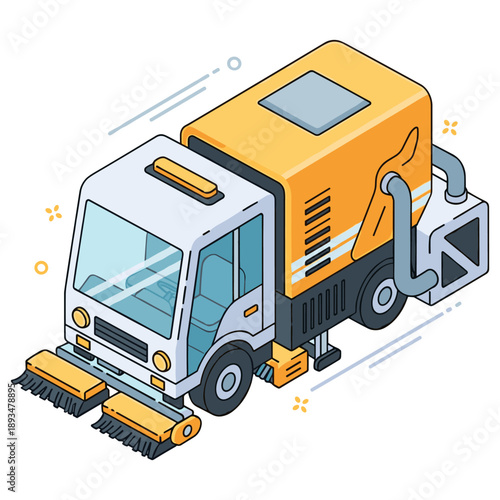 Vector isometric street sweeper truck with brushes and vacuum system on white background. No editable stroke