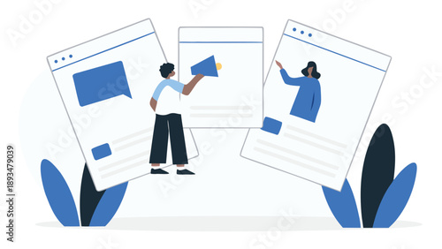 Two marketers discussing strategy on large computer screens with blue accents and white background