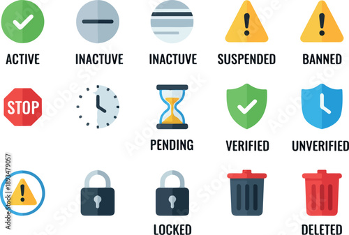 Set of icons representing different statuses and actions, including active, inactive, suspended, banned, stop, pending, verified, unverified, locked, and deleted items