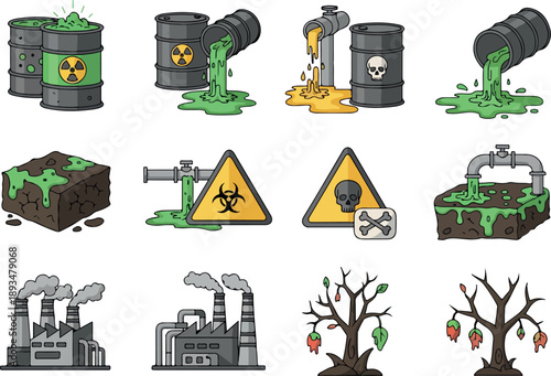 Environmental pollution and industrial waste icons symbolizing hazardous materials and their impact on nature