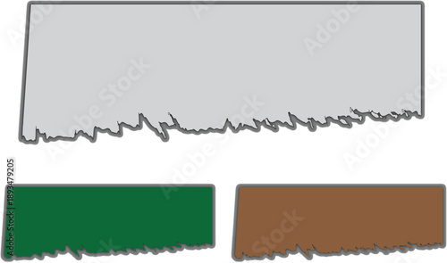 A digital illustration of three torn paper rectangles in gray green and brown on a white background