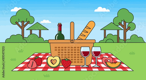 Romantic Picnic Basket Flat Vector Illustration