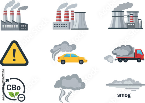 Pollution Icons representing industrial emissions, vehicles, and smog, illustrating environmental concerns
