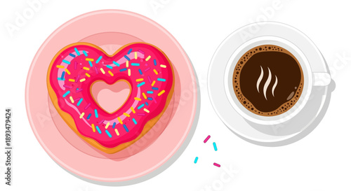 Coffee and Donut Valentine Breakfast Flat Illustration