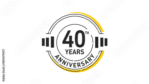 Forty years anniversary emblem features bold black numbers inside a circular frame with barbell accents and yellow highlights.