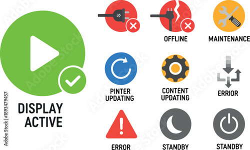 Collection of modern icons representing various system statuses and operational functions such as active display, offline, maintenance, updates, errors, and standby modes for digital interfaces