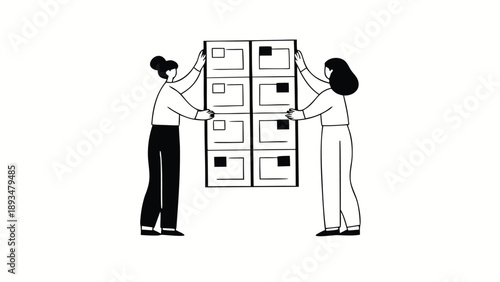 Two coworkers organizing a large file cabinet together in an office setting with teamwork and collaboration