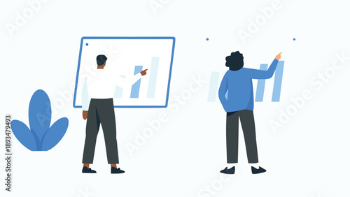 Two analysts reviewing business charts and graphs on large screens in a modern office setting with blue accents