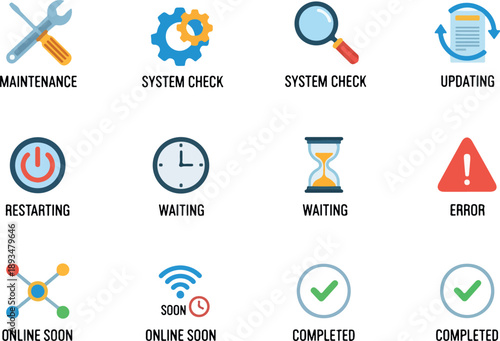 Collection of Icons representing computer system operations, maintenance, updates, and status indicators for software and hardware functionality
