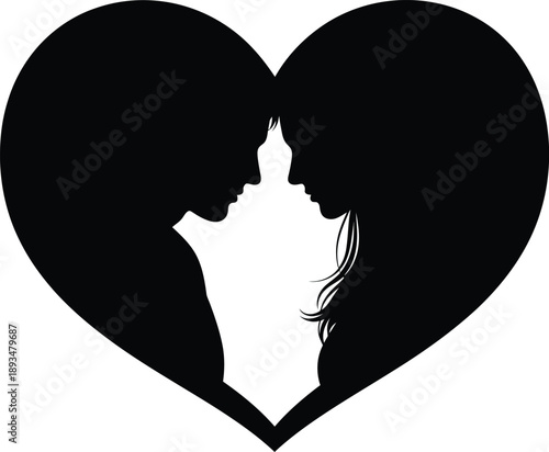 Silhouette of a loving couple in a heart shape