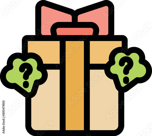 Wrapped gift box with question marks representing mystery, surprise, and curiosity about its unknown contents