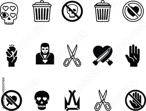 Collection of black and white icons depicting various symbols and objects