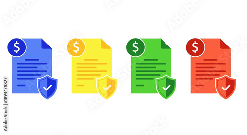 Four colored document icons with checkmarks and dollar signs, symbolizing secure financial transactions and verified documents in a modern graphic representation