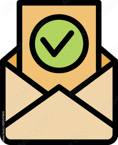 Open mail envelope containing document with green check mark, symbolizing approval, acceptance, or successful delivery of good news