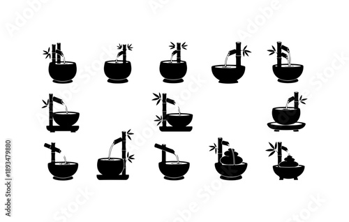 A black and white drawing of a plant in a black bowl with bamboo leaves in it