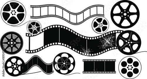 Black and white reels and strips on white background cinema